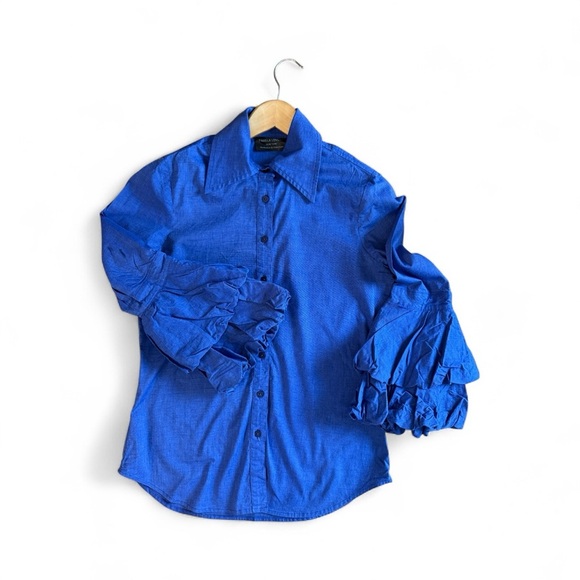 Blue Button-Up Stretch Twill Shirt with Ruffled Sleeves - Picture 6 of 8